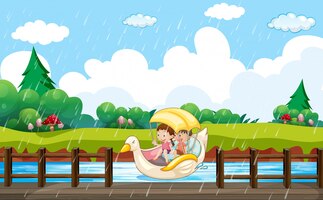 Scene background design with kids paddling in duck boat