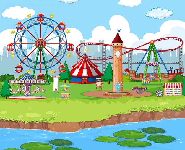 Free vector scene background  with rides at the carnival