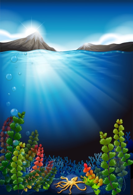 Free vector scene background with underwater and mountains