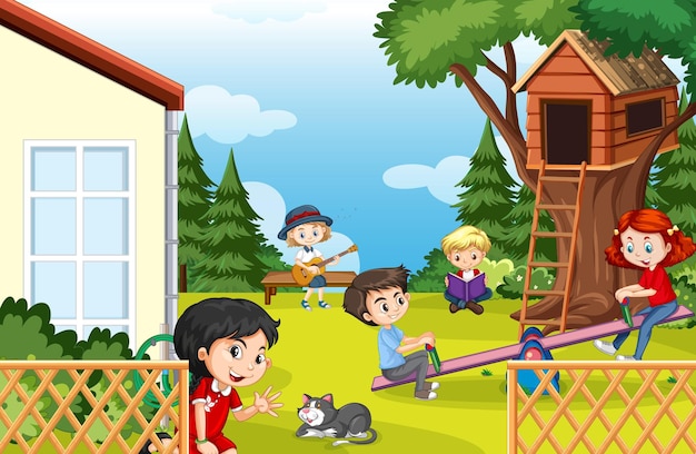 Free vector scene of backyard with kids and fence