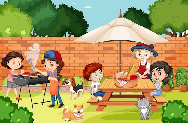 Free vector scene of backyard with kids and fence