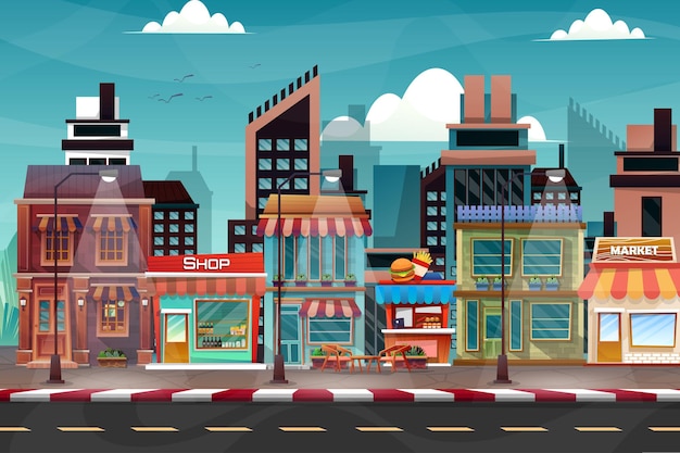 Free vector scene of beautiful cityscape with hight building, shop and street with park