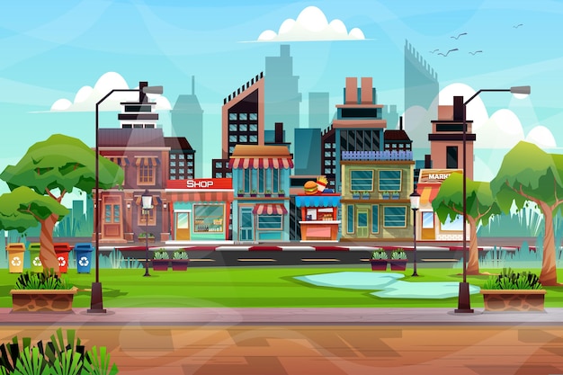 Free vector scene of beautiful cityscape with hight building, shop and street with park