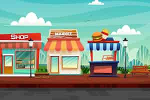 Free vector scene of beverage shop, market, and hamburgers and french fries shop on street at nature park in city