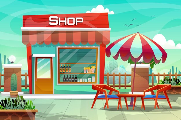 Scene of beverage shop or showroom chair with coffee table and umbrella near green lawn in nature park