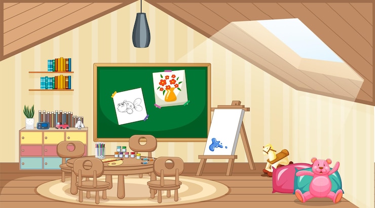 Free Vector scene of classroom with board and table