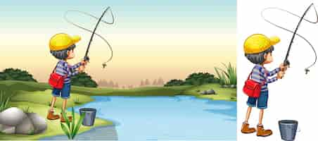 Free vector scene of fisherman in river