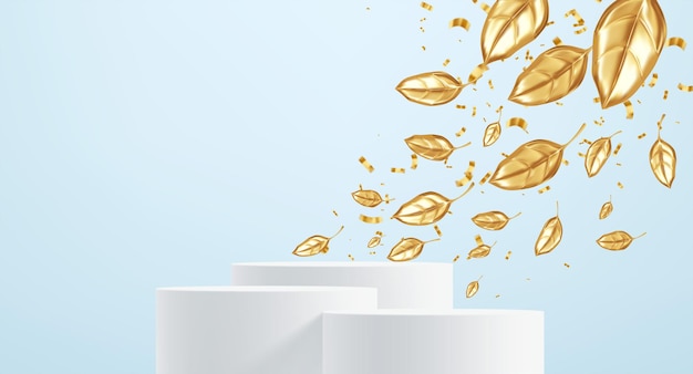 Сцена для рекламного ролика продукта с осенними золотыми листьями. подиум продукта современный 3d реалистичный дизайн. фон осенней распродажи. векторная иллюстрация eps10
