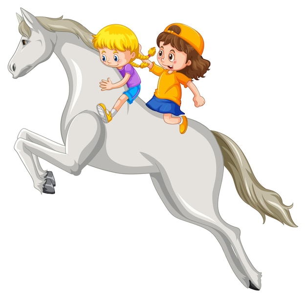 A scene of girl and friend riding on a horse on white backgroun