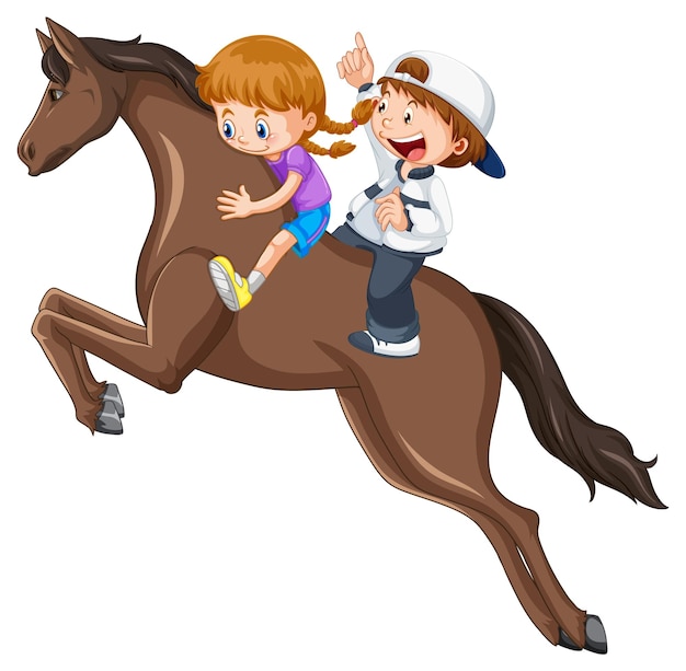 Free vector a scene of girl and friend riding on a horse on white background