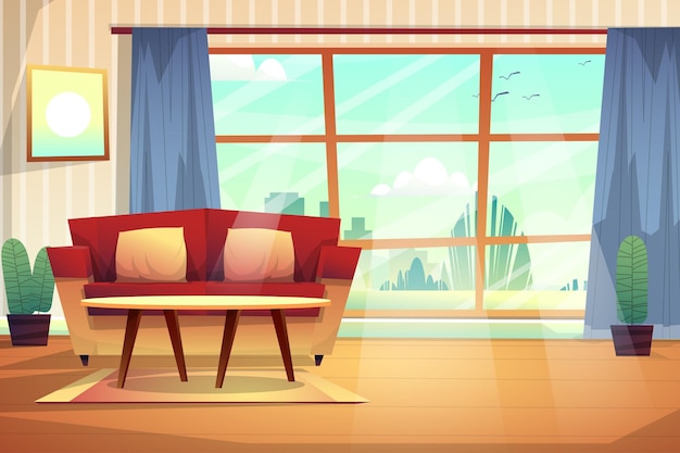 Сцена интерьера оформленной гостиной с красным диваном с подушками