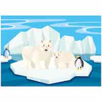 무료 벡터 빙산에 북극곰과 펭귄의 장면