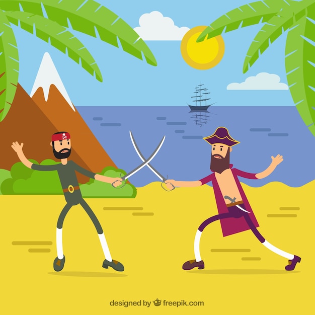 Free vector scene of pirates struggling in flat design