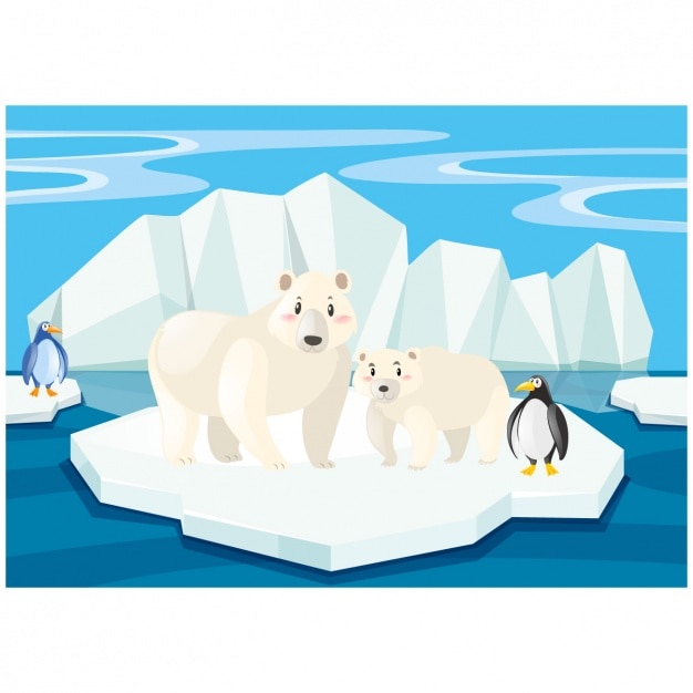 Scene of polar bears and penguins on an iceberg