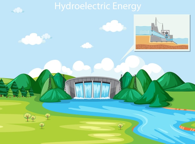 ダムのある水力発電の様子