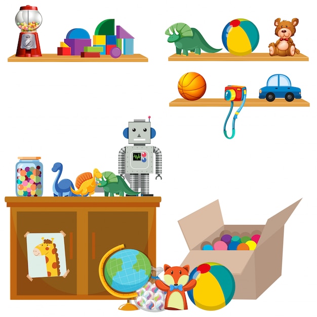 Scene of toys on shelves and cupboard