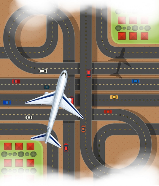 Free vector scene with airplane flying over the express way