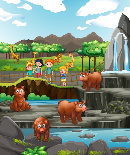 Free vector scene with animals and children at the zoo