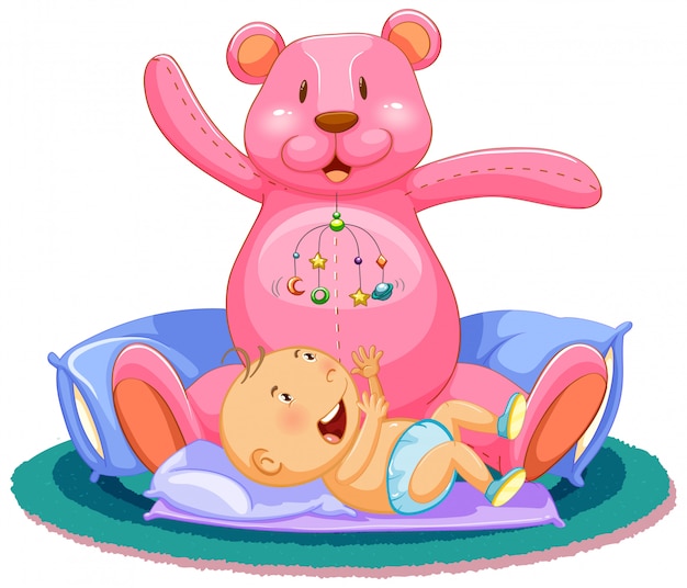 Бесплатное векторное изображение Сцена с ребенком, спящим в постели с гигантским плюшевым мишкой