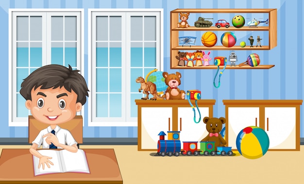 Free vector scene with boy doing homework at home