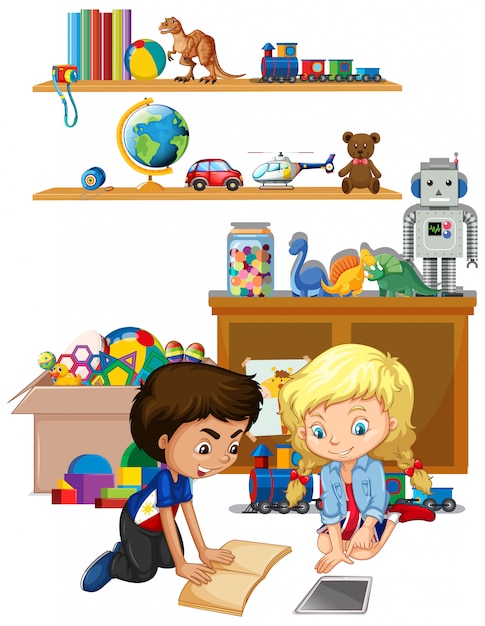 Free vector scene with boy and girl reading in the room