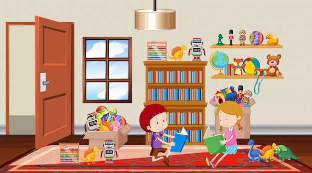 Free vector scene with boy and girl reading in the room