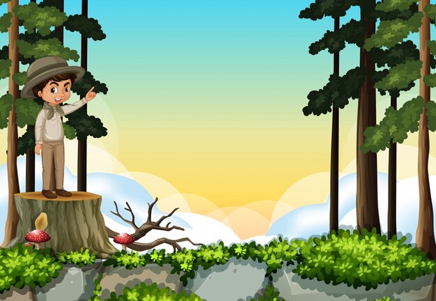 Free vector scene with boy standing on log