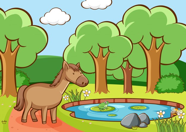 Сцена с коричневой лошадью у пруда
