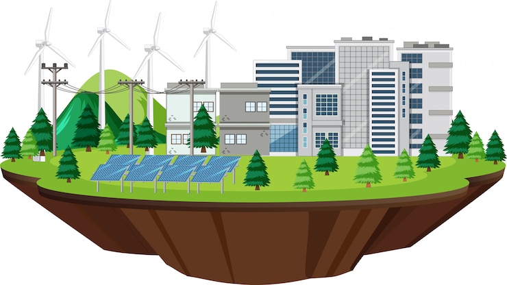 Free Vector scene with buildings with turbines and solar cells