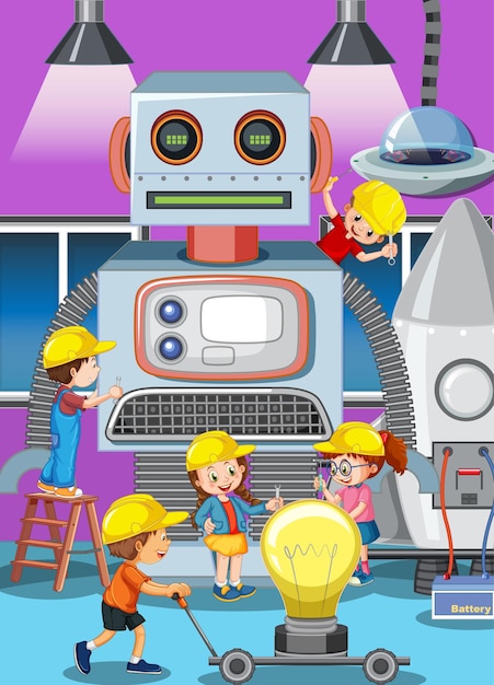 Scena con bambini che costruiscono robot insieme