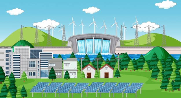 Free vector scene with clean energy in the city