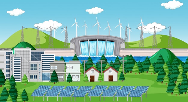 無料ベクター 市内のクリーンエネルギーのシーン