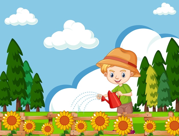 Free vector scene with cute boy watering sunflowers in the garden