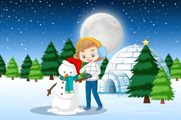 Scene with cute girl making snowman in winter time