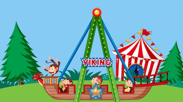 Scene with cute monkeys riding on viking ship in the park