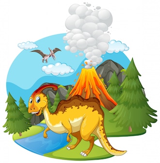 공룡과 화산이있는 장면