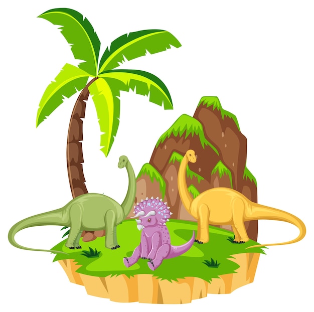 Scene with dinosaurs brontosaurus and triceratops on island