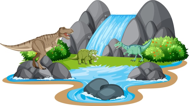 Scena con dinosauri vicino alla cascata