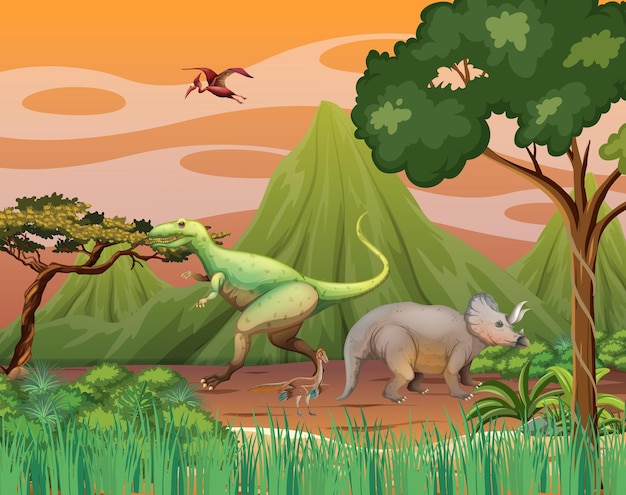 Scene with dinosaurs in the forest