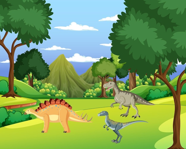 숲에서 공룡과 함께 장면