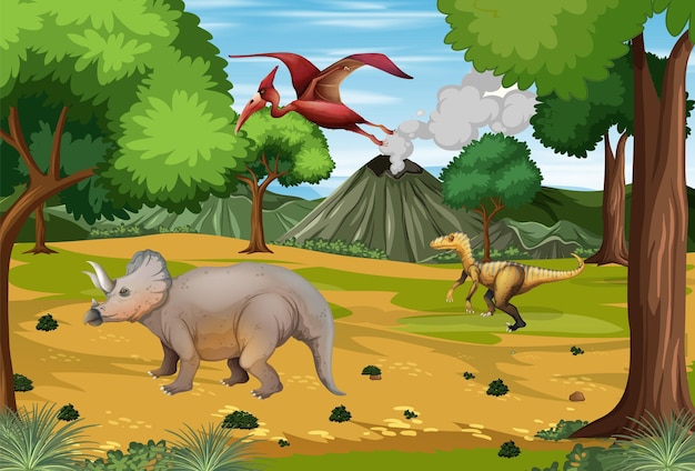 Free vector scene with dinosaurs in the forest