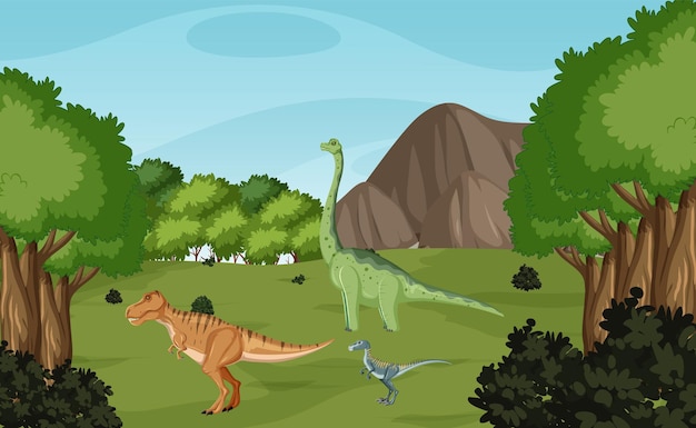 Scene with dinosaurs in the forest