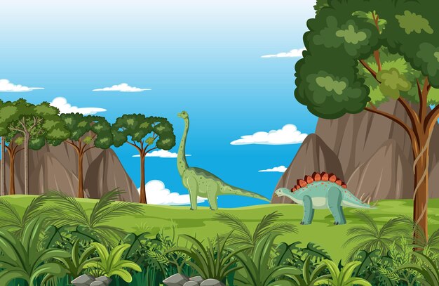 Scene with dinosaurs in forest