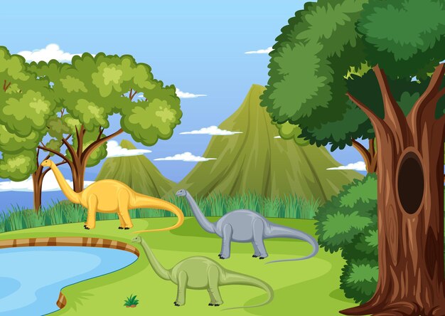 Scene with dinosaurs in the forest