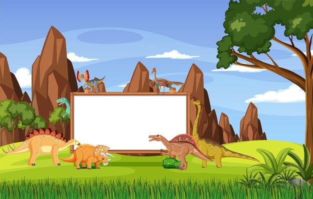 Scene with dinosaurs and whiteboard in the field