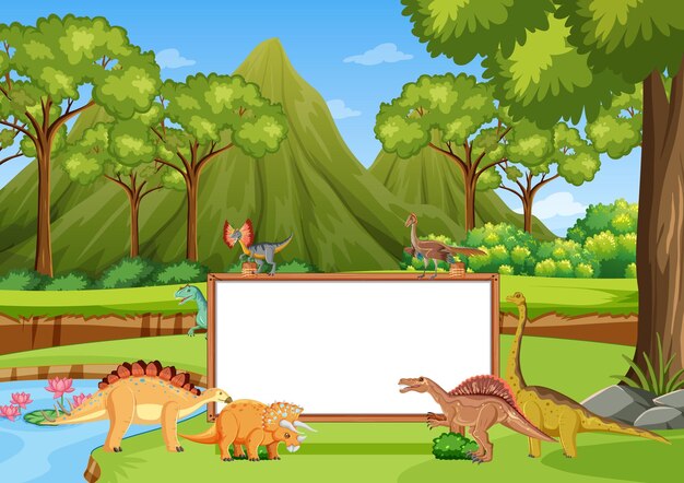 Scene with dinosaurs and whiteboard in the forest