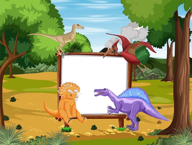 Free vector scene with dinosaurs and whiteboard in forest