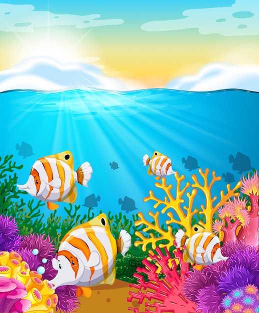 Free vector scene with fish under the ocean