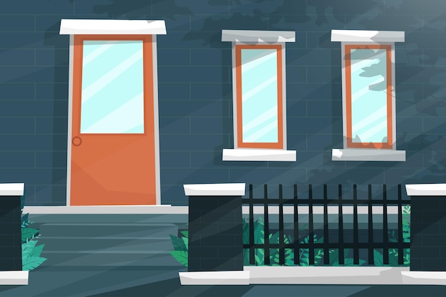 Бесплатное векторное изображение Сцена с фасадом дома с дверью и окном, сияющим солнечным светом, красивым железным забором возле прохода и ступенькой впереди, пейзажная иллюстрация