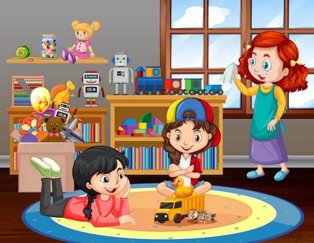 Free vector scene with girls playing in the living room at home